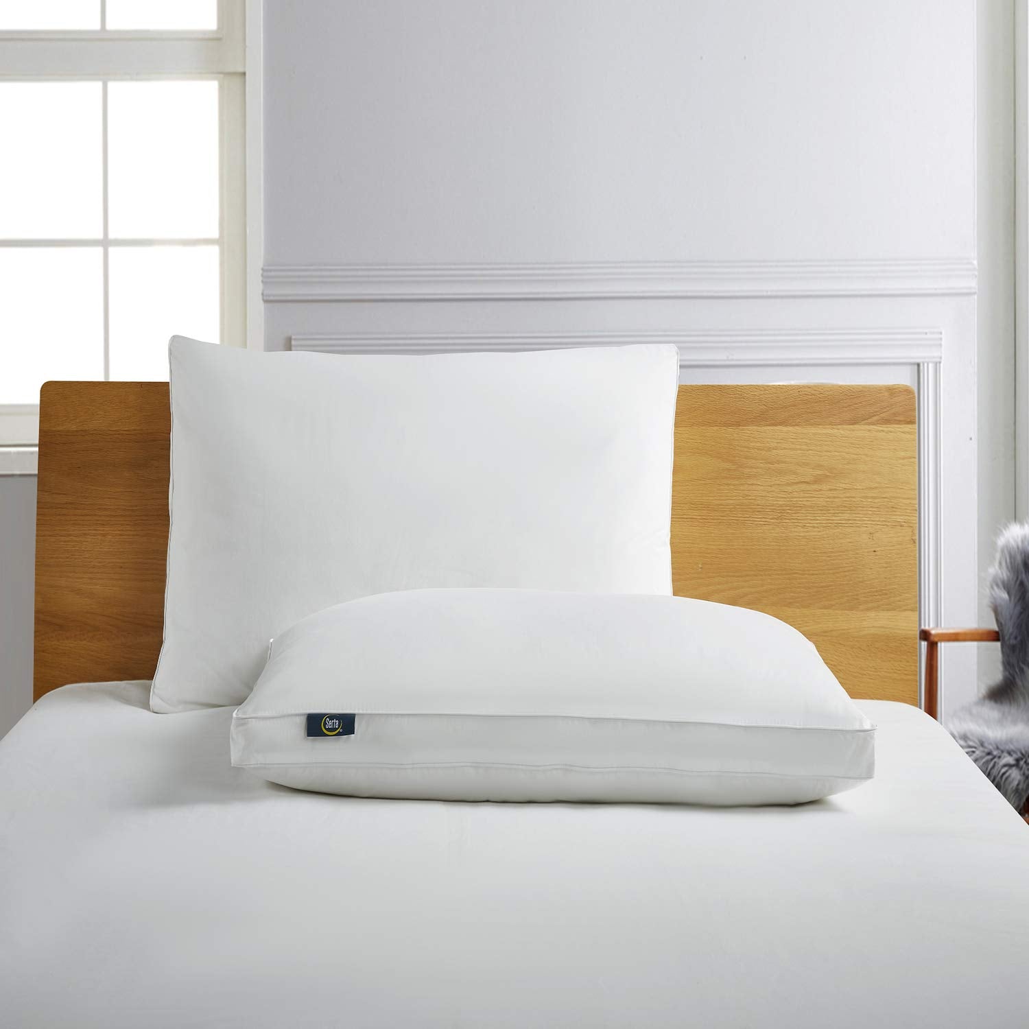 Serta 233 Thread White Goose Feather Gusseted Supportive 100% Cotton Hotel Collection Bed Side Sleeper Pillow, 2 Count (Pack Of